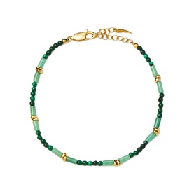 Missoma Gold Green bracelet with green beads, jade-style rectangular stones and gold bead accents on a fine chain with lobster clasp