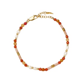 Missoma Gold Red bracelet with orange carnelian and pearl beads, gold cube accents, lobster clasp with extender chain