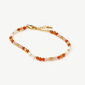 Missoma bracelet in gold red with mixed carnelian, pink and pearl beads on gold-tone chain with lobster clasp