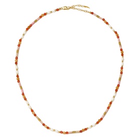Missoma Gold Red beaded necklace with carnelian orange and pearl beads, gold-tone chain and lobster clasp extender