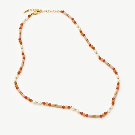 Missoma Gold Red beaded necklace with carnelian, pearl and gold detail beads on a delicate chain