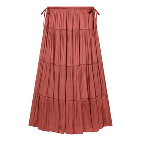 Terracotta tiered maxi skirt with tie waist detail, pleated layers, and flared hem