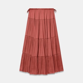 Dusty rose tiered midi skirt with gathered waistband and drawstring tie, flowing layered silhouette