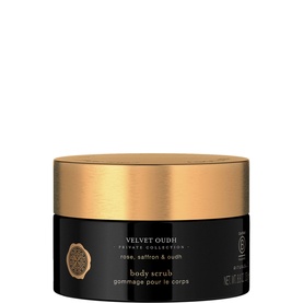 Rituals Velvet Oudh Body Scrub in a black glass jar with gold lid, rose, saffron and oudh formula