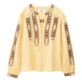 Bash yellow woven blouse with multicolour floral embroidery on front panel and sleeves, V-neckline, button fastening