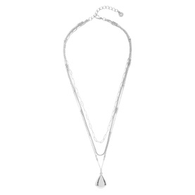 Silver-tone layered chain necklace with teardrop pendant, adjustable extender chain, double-strand design