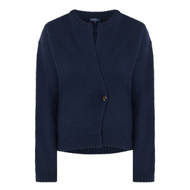 Soeur navy merino wool cardigan with round neck, single button fastening, and ribbed hem and cuffs