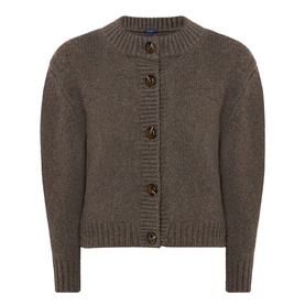 Soeur brown merino wool cardigan with round neck, puff sleeves, and large tortoiseshell buttons