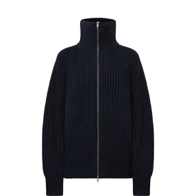Soeur navy merino wool ribbed zip-up jacket with high funnel neck and balloon sleeves