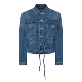 Soeur mid blue denim jacket with chest patch pockets, button front, and tie-waist detail in 100% cotton