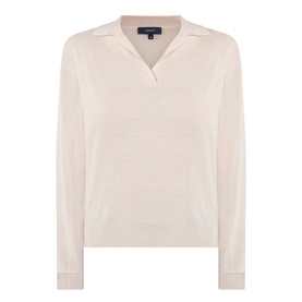 Soeur light pink merino wool knit jumper with open V-neck collar and ribbed cuffs, relaxed long-sleeve silhouette