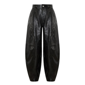 Soeur black lambskin leather barrel-leg trousers with high waist, panelled seam detailing and tapered hem