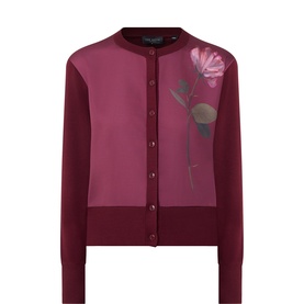 Ted Baker maroon cotton cardigan with sheer floral rose panel, round neck, and button-front fastening