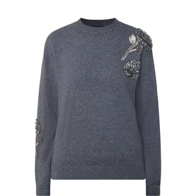 Ted Baker Grey Marl knit jumper with embellished floral beaded appliqu&eacute; on shoulders, crew neck, long sleeves