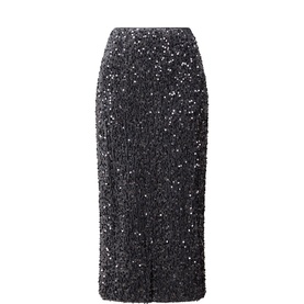 Ted Baker dark grey sequin midi skirt with front split, all-over embellishment and straight silhouette