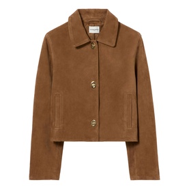 Claude Pierlot cropped jacket in tan suede-effect fabric with spread collar, gold-tone buttons, and front welt pockets
