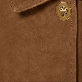 Claude Pierlot Womens French Dress in tan suede-effect fabric with gold-tone turnlock button detail, close-up view