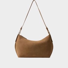 Claude Pierlot shoulder bag in tan suede-effect leather, gold-tone zip fastening, single adjustable strap