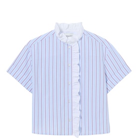 Claude Pierlot short-sleeve striped shirt in blue and white with ruffle collar and button front detail