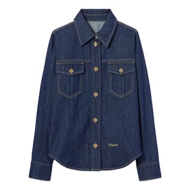 Claude Pierlot blue denim shirt with gold-tone buttons, chest pockets, pointed collar and contrast stitching detail