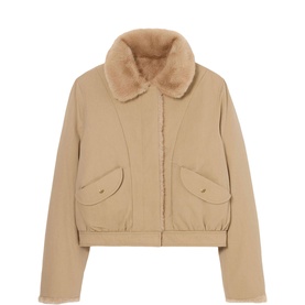 Claude Pierlot cropped jacket in clear beige with faux fur collar, elasticated hem, and dual flap pockets