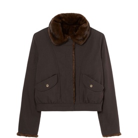 Claude Pierlot brown cropped bomber jacket with faux fur collar, front flap pockets, and elasticated hem and cuffs