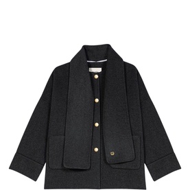 Maje women's dark charcoal wool jacket with gold buttons, shawl collar detail and front patch pockets