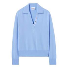 Claude Pierlot Logo Polo Sweater in sky blue, long-sleeve knit with shirt collar, striped poplin placket and gold-tone button