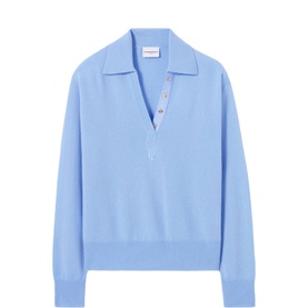 Claude Pierlot Logo Polo Sweater in sky blue, long-sleeve knit with shirt collar, striped poplin placket and gold-tone button