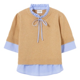 Claude Pierlot Stripe Hybrid Sweater in camel, short sleeves, blue striped poplin Victorian collar with bow tie detail and striped hem