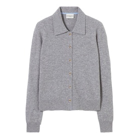 Claude Pierlot Fine Knit Cardigan in mottled grey, long-sleeve with shirt collar, front button placket and gold-tone buttons