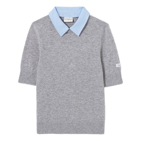 Claude Pierlot Collar Knit Sweater in black, short sleeves, removable blue striped poplin shirt collar, logo embroidery on cuff