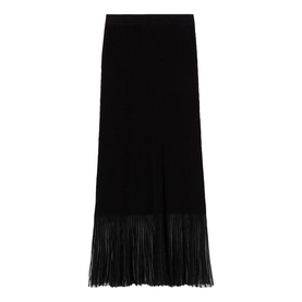 Claude Pierlot Rib Knit Skirt in black, maxi length with opaque knit upper, sheer fringed hem detail and elasticated waist