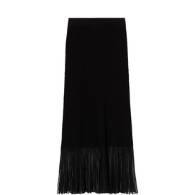 Claude Pierlot Rib Knit Skirt in black, maxi length with opaque knit upper, sheer fringed hem detail and elasticated waist