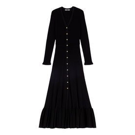 Maje Womens French Dress in red, long-sleeve knit midi length, V-neckline with gold button-through front and pleated hem