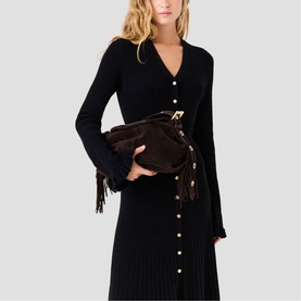 Model wearing Maje Womens French Dress in red, styled with a dark suede fringed shoulder bag and gold-tone button details.