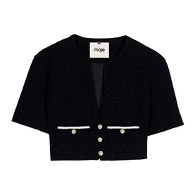 Maje black boucle cropped jacket with short sleeves, pearl button and contrast trim detailing