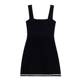 Black sleeveless knit mini dress with square neckline and contrast white stripe trim at hem, no model present