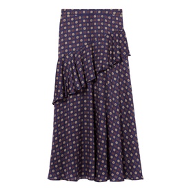 Claude Pierlot midi skirt in navy print, asymmetric ruffle detail, floral spot pattern, relaxed silhouette