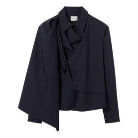 Claude Pierlot Shawl Draped Jacket in blue with shirt collar, long sleeves, and large draped fabric panel worn as a shawl