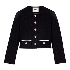 Maje women's cropped jacket in red with gold button front, white trim pockets, and collarless neckline
