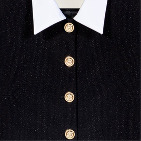 Maje Womens French Dress in red, black sparkle tweed with white collar and gold emblem buttons, close-up detail shot.