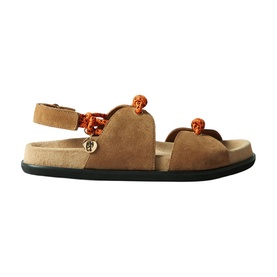 Claude Pierlot brown suede flat sandals with orange rope knot straps, ankle strap, gold logo detail, and black sole