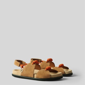 Claude Pierlot brown suede sandals with orange beaded straps, slingback strap, and dark chunky sole