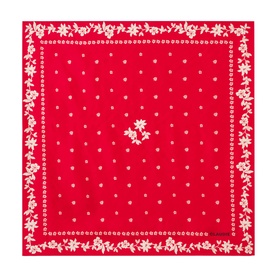 Red square scarf with cream floral border print, ditsy dot pattern, and central floral motif