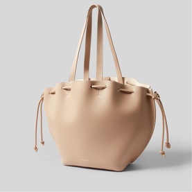 Claude Pierlot tote bag in clear beige smooth leather, twin shoulder straps, drawstring sides with knot detail, gold-tone hardware