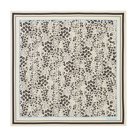 Cream and brown leopard spot print square scarf with dark border trim, laid flat