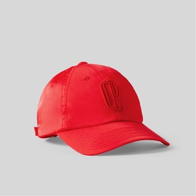 Claude Pierlot red satin baseball cap with tonal embroidered logo to front, curved brim and adjustable back strap