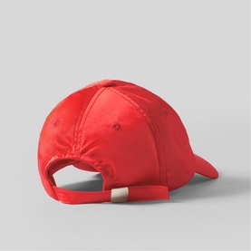 Claude Pierlot red satin baseball cap, rear view showing adjustable buckle strap and structured curved brim