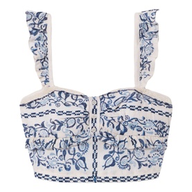 White and blue floral embroidered crop top with ruffle straps, hook-and-eye front fastening, and contrast trim detailing